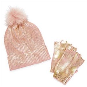 NEW Rose Gold Metallic Fingerless Gloves & Hat Set